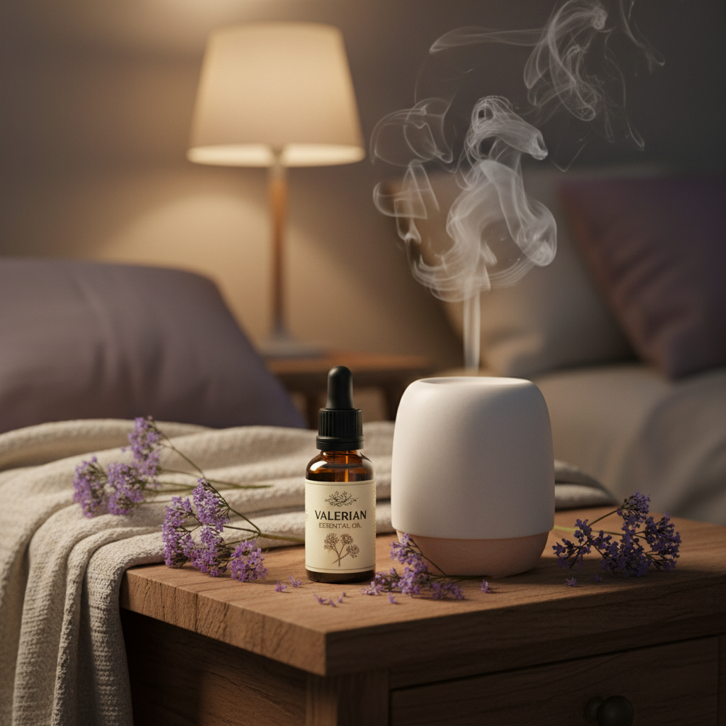 Valerian Essential Oil in Calming Bedroom Setting