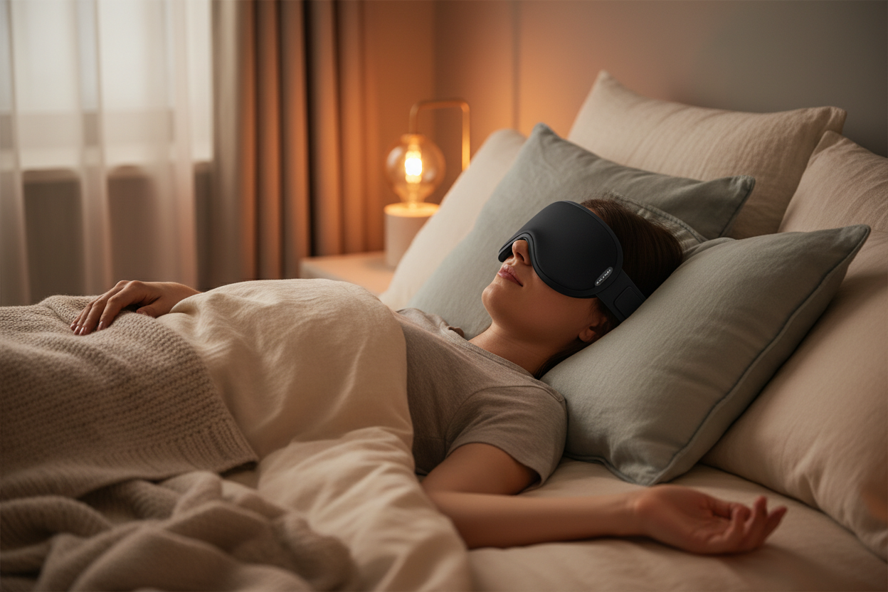 Person lying peacefully with sleep mask